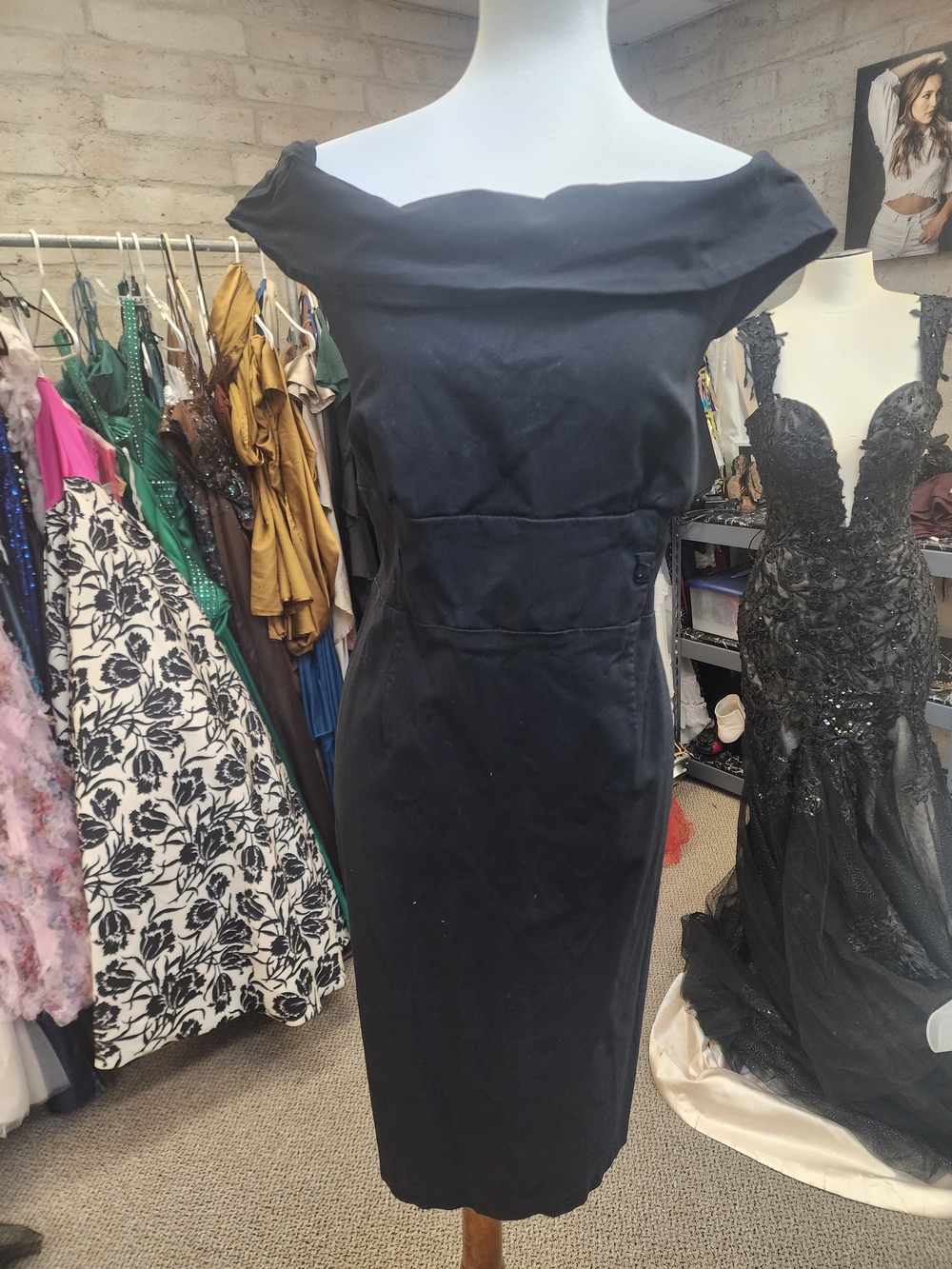 Retro Chic Black Off-Shoulder Midi Sheath Dress